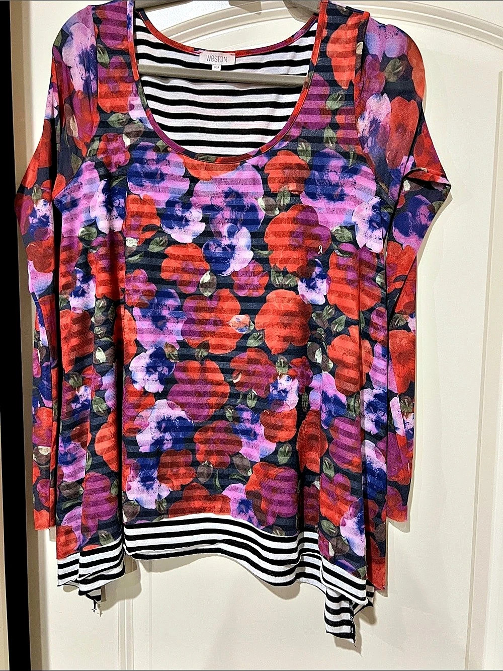 Weston Floral Striped Long Sleeve Mesh Scoop Neck Top H046